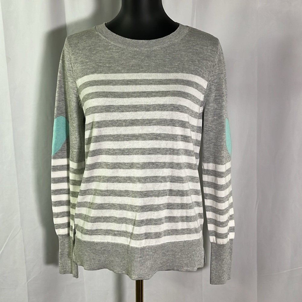 Time and Tru Gray & White Striped Crewneck Long Sleeve Heart Sweater